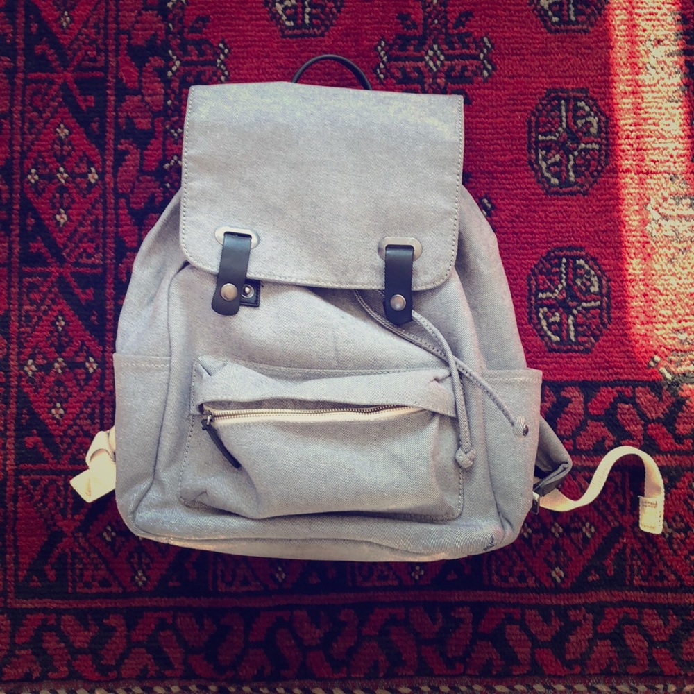 Everlane gray twill backpack with black leather